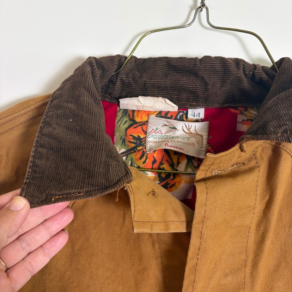 Vintage Penneys Foremost Hunting Jacket Brown Canvas Game Bag Corduroy Collar - Picture 7 of 12